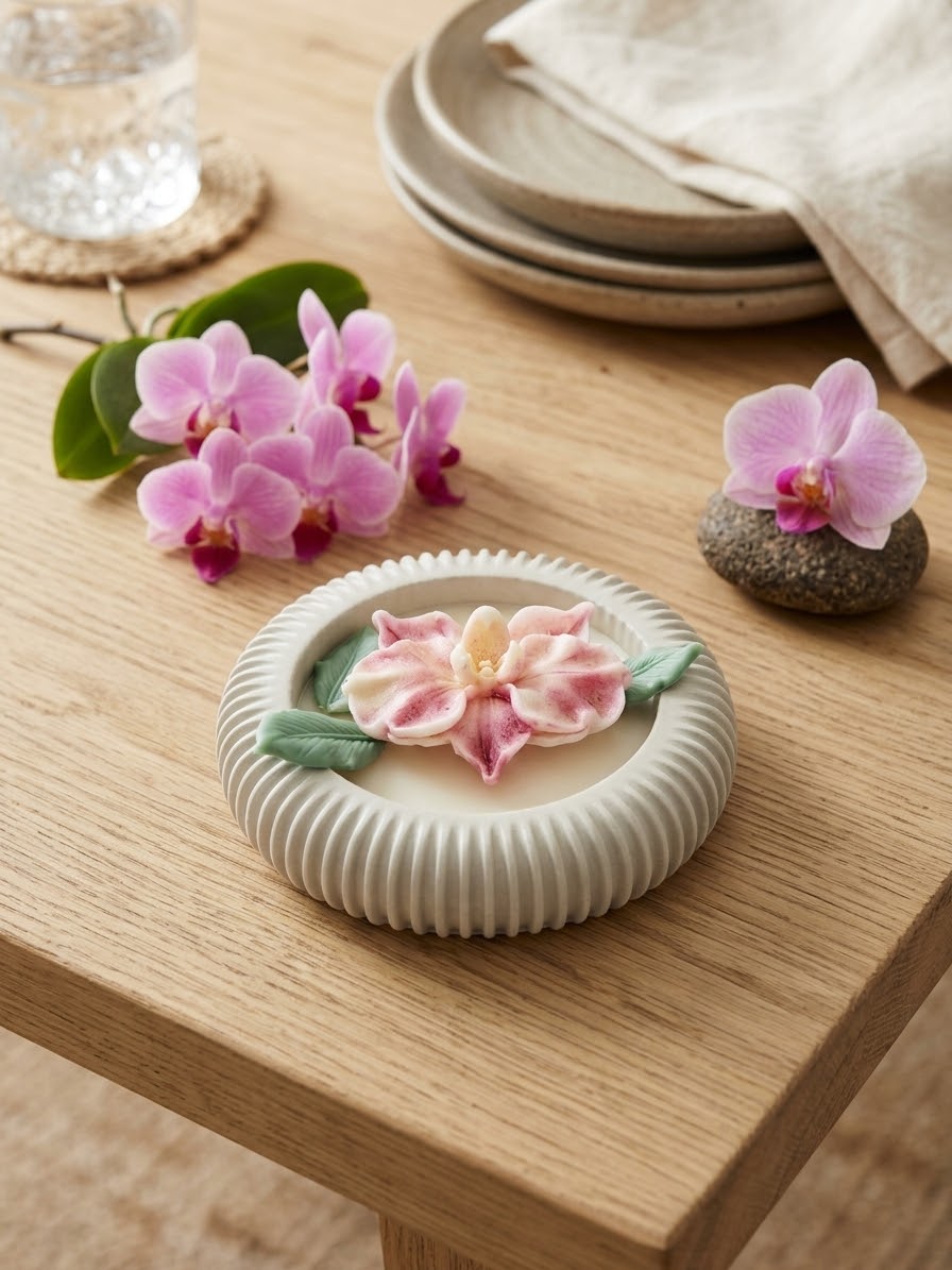 Jarní svíčka – Orchidej ve vroubkované misce